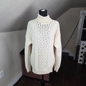 Carraig Donn Irish Aran Cable Knit Turtleneck Sweater 100% Merino Wool Size S